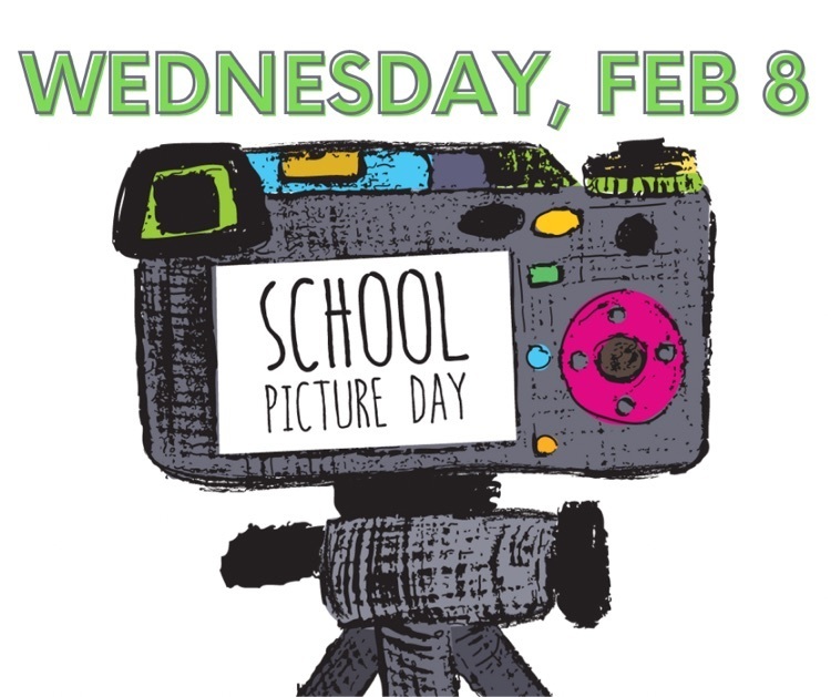 text at the top of the page “Wednesday February 8” with an image of a camera underneath. the view screen of the camera has text “school picture day"