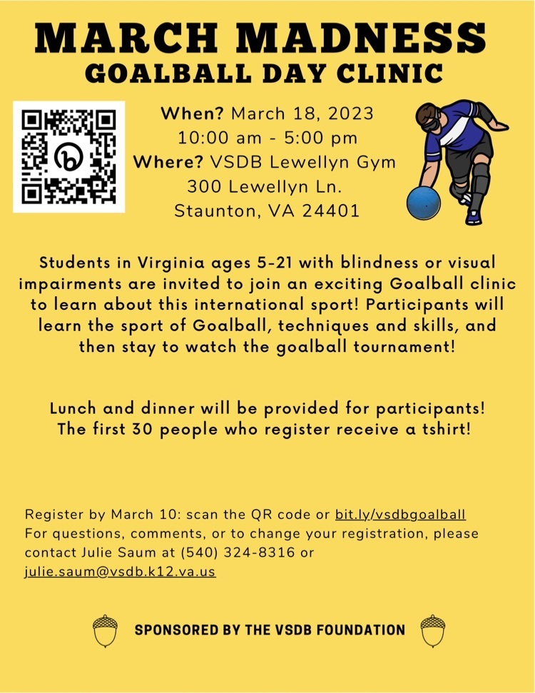 flyer with information above typed on a yellow background and an image of a male Goalball player in the bottom right