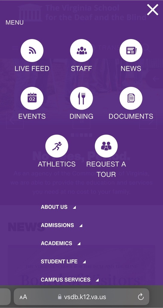 screenshot of VSDB website menu page with buttons for events, dining, documents, athletics, and request a tour 