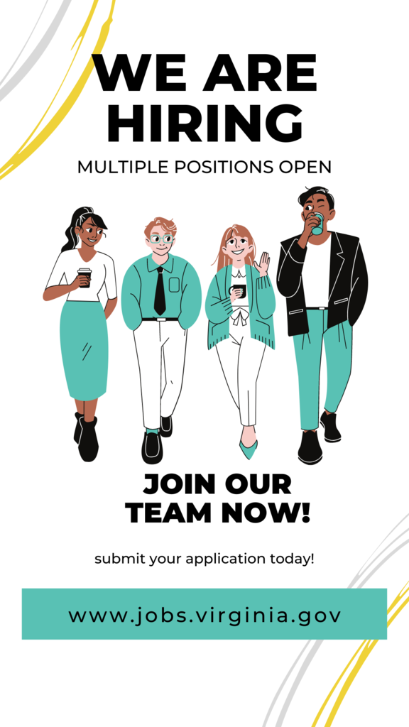 flyer: "we are hiring. multiple positions open" four illustrated people stand together wearing black, white and teal
