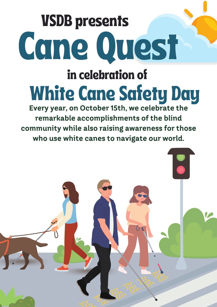 cane quest/white cane safety day flyer. three people on a street corner. two entering the roadway with their white canes, one walking the opposite direction with a white cane and a guide dog