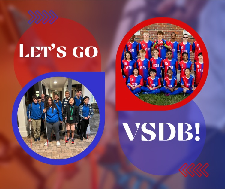 red and blue background with picture of Goalball team and picture of soccer team. text reads let’s go VSDB! 