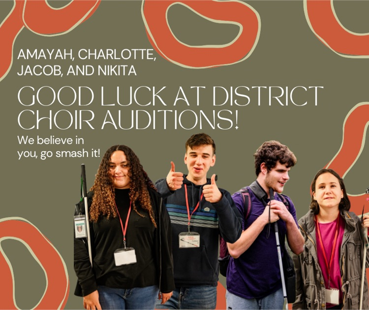 olive green background with burnt orange round shapes outlined in tan. photo of the four students at the bottom. text reads Amayah, Charlotte, Jacob, and Nikita good luck at district choir auditions! we believe in you, go smash it! 