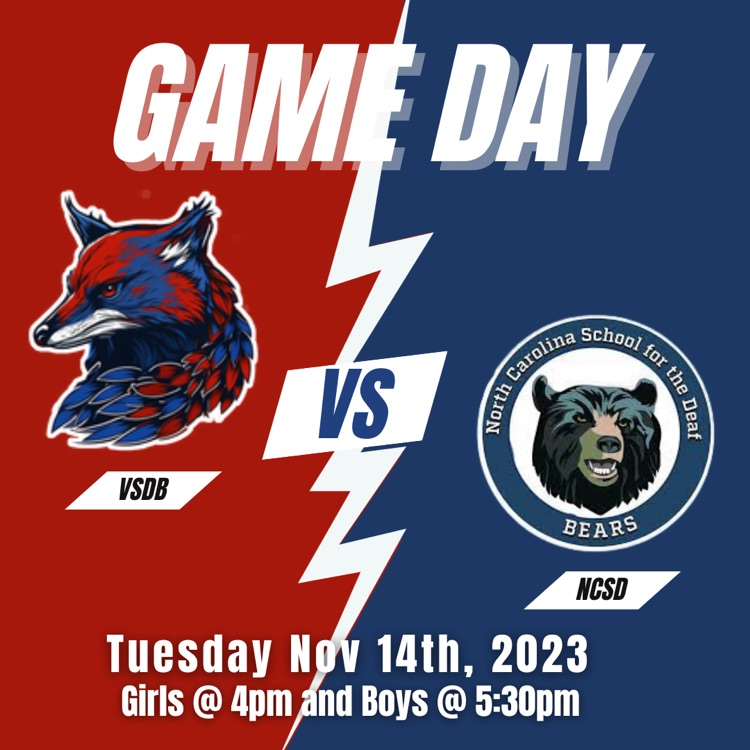 game day flyer. lightning bolt splits a half red/ half blue background. red side has VSDB defenders mascot and VSDB under it. blue side has NCSD bears logo. text above mascots says “game day” and below says “Tuesday Nov 14, girls @ 4pm, boys 5:30"